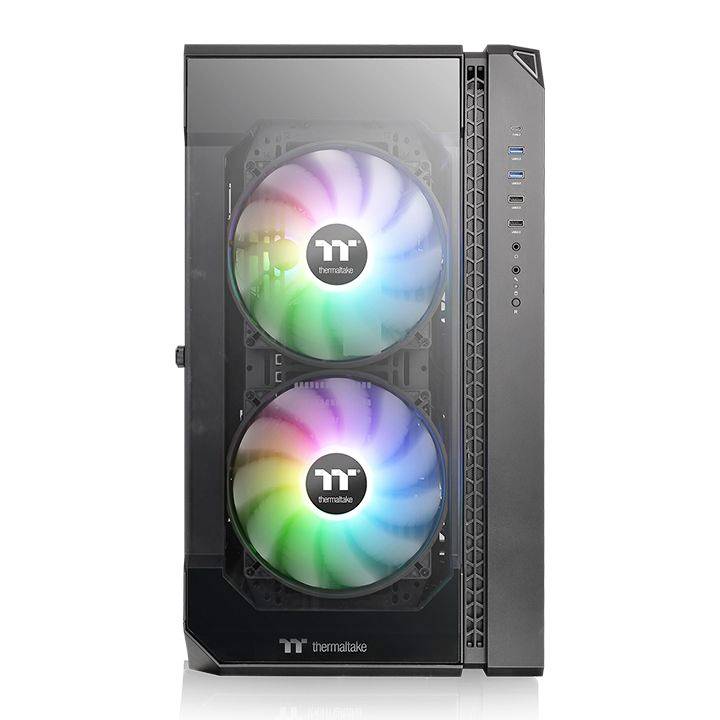 Počítačová skrinka s dvoma veľkými, svietiacimi ventilátormi v dúhových farbách. Disponuje bočným oknom a USB portami na prednej strane.