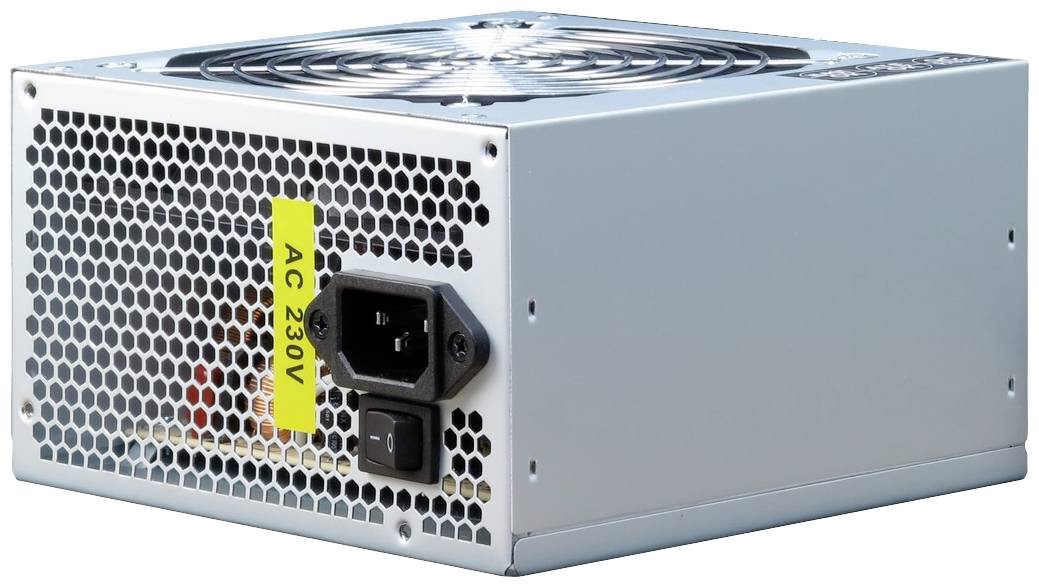 Počítačový zdroj s ventilátorom hore a označením 'AC 230V'. Na zadnej strane má konektory pre napájacie káble.