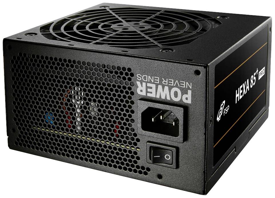 Čierny počítačový zdroj s ventilátorom a pripojovaciami zásuvkami. Na boku nápis: 'HEXA 85+'. Navrhnutý pre počítačové systémy.