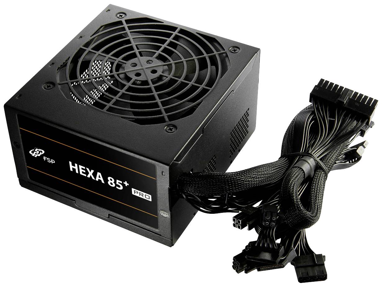 Čierna počítačová napájacia jednotka s ventilátorom hore a viacerými pripojovaciími káblami. Model 'FSP HEXA 85+ Pro'.