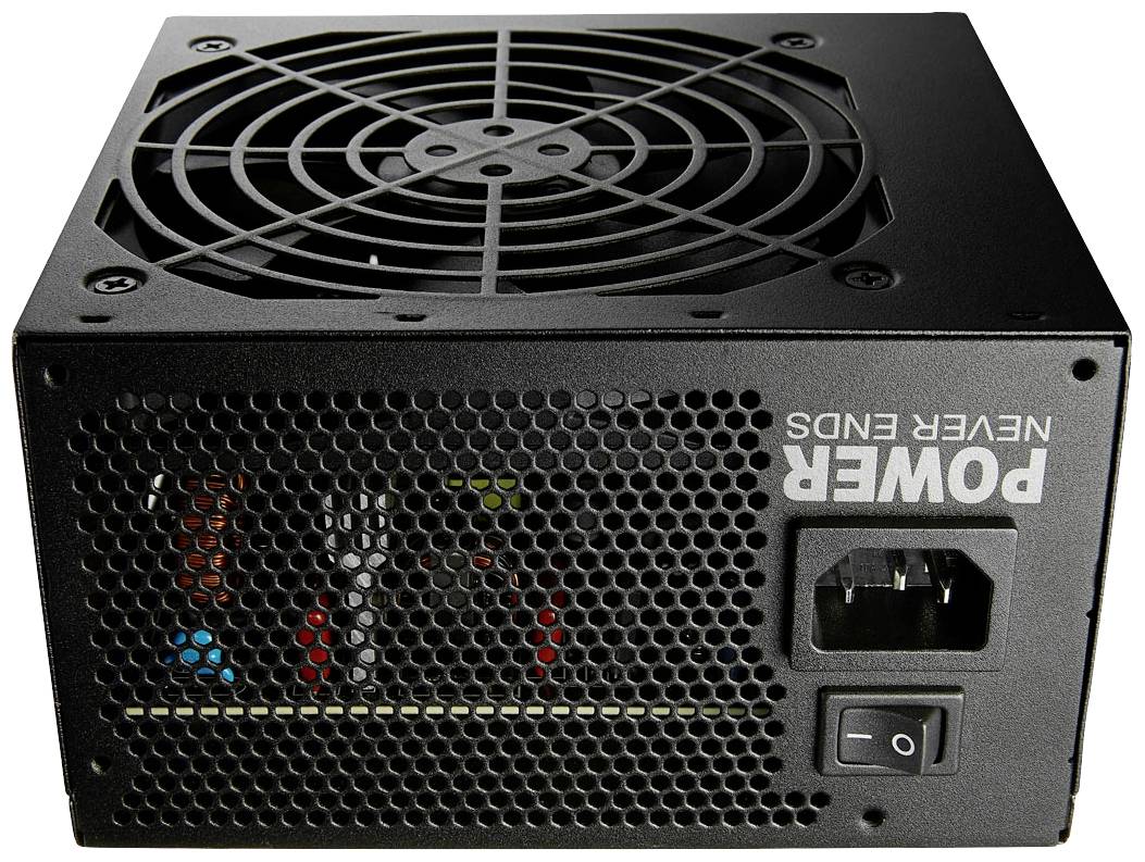 Čierna počítačová napájacia jednotka s ventilátorom a vypínačom. Nápis: 'Power Never Ends'. Vhodná na napájanie počítačových komponentov.
