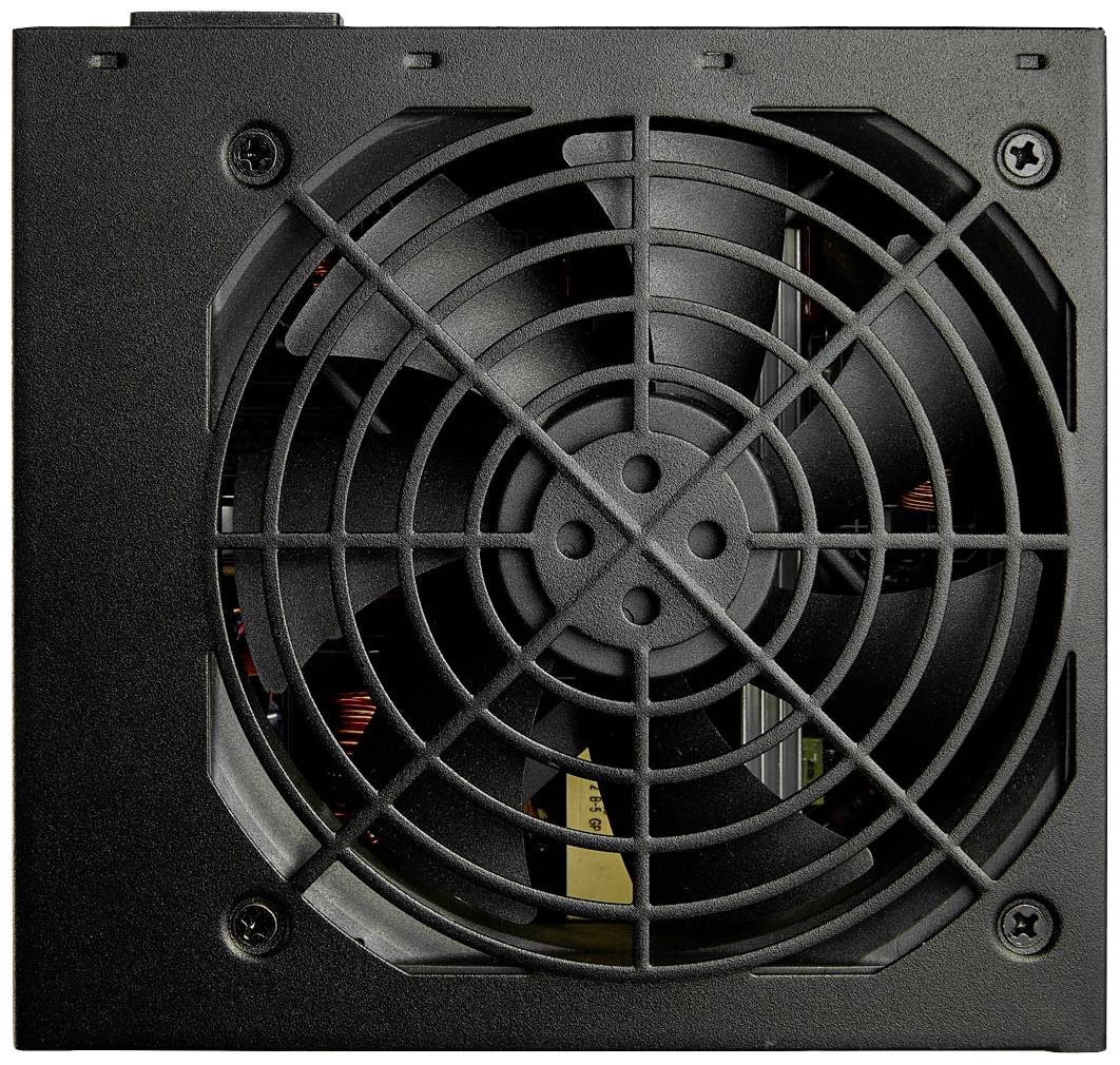 Čierna počítačová napájacia jednotka pohľad zhora. Štyri skrutky v rohoch, centrálny ventilátor viditeľný.