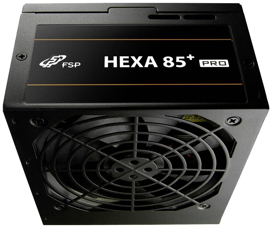 Napájací zdroj od FSP s modelovým označením 'HEXA 85+ PRO', čierna skrinka, ventilátor viditeľný.