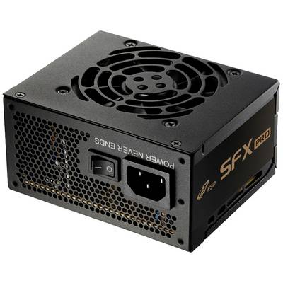 Čierna počítačová napájacia jednotka s ventilátorom a sieťovou zásuvkou na zadnej strane, označená nápisom 'SFX PRO'.