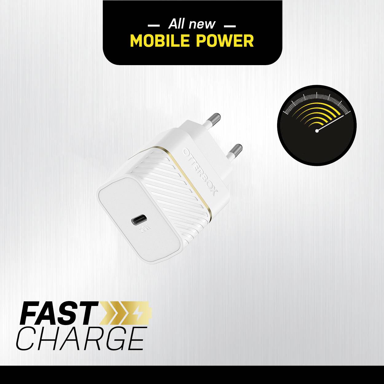 Biely nabíjací adaptér s USB-C portom, propagovaný ako 'RÝCHLE NABÍJANIE'; displej varuje pred slabou batériou; text: 'Úplne nová MOBILNÁ ENERGIA'.