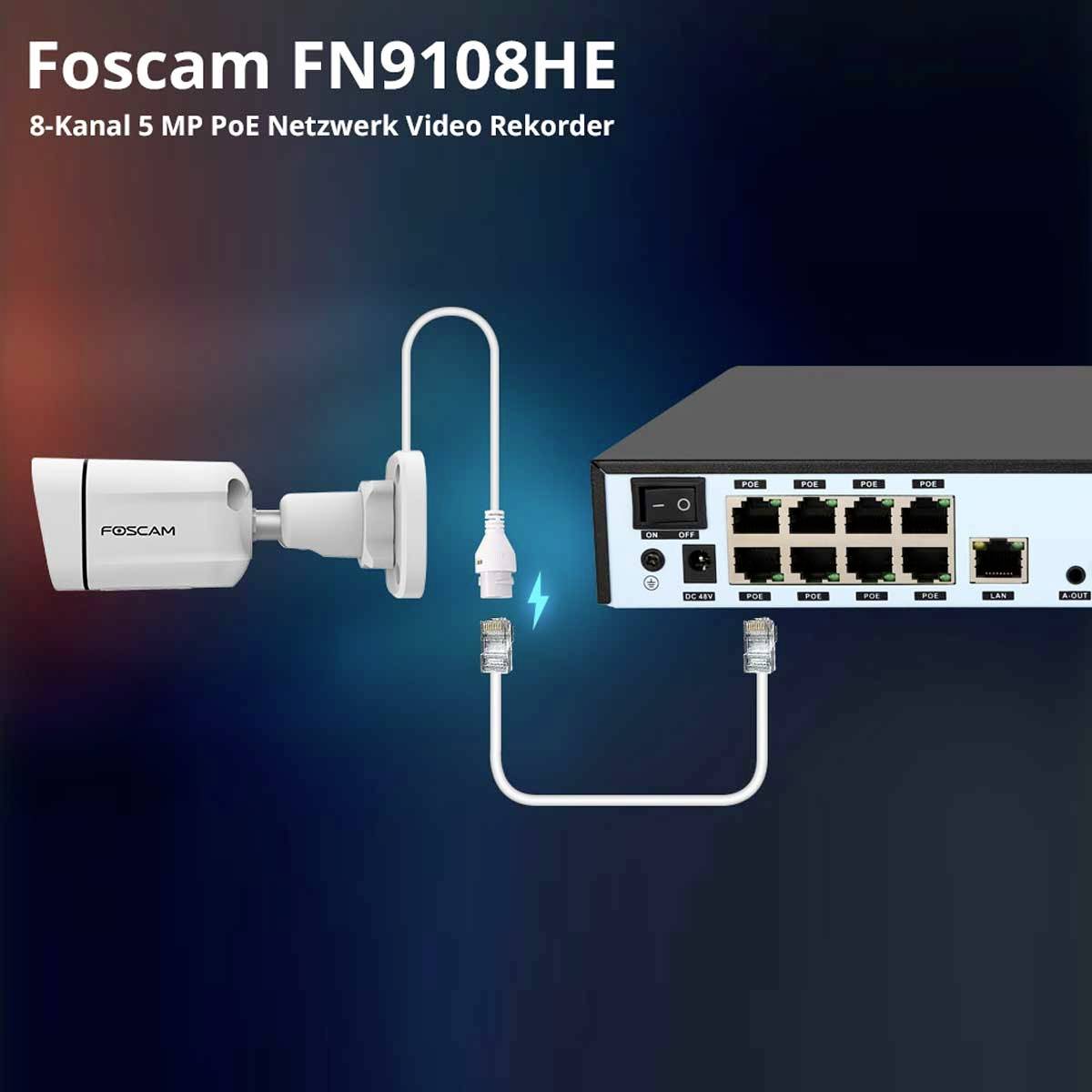 Sieťový rekordér Foscam FN9108HE s 8 kanálmi a 5 MP, PoE, zobrazuje kameru a sieťové káblové pripojenia.