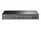 Čierny sieťový switch od TP-Link s desiatimi ethernetovými portami a dvoma SFP portami, vhodný pre budovanie sietí.