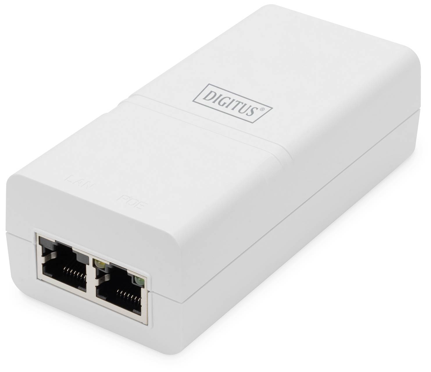 Biely PoE adaptér s dvomi ethernetovými portami a nápisom 'DIGITUS' na hornej strane.