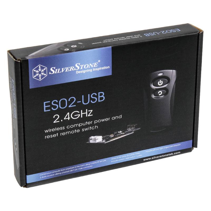 Balenie SilverStone ESO2-USB, bezdrôtový počítačový spínač napájania a reštartu s frekvenciou 2,4 GHz, čierna škatuľa s obrázkom produktu.