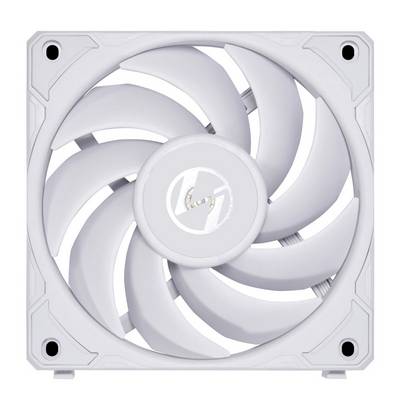 Biely počítačový ventilátor s viacerými lopatkami v štvorcovom ráme počítačového puzdra.