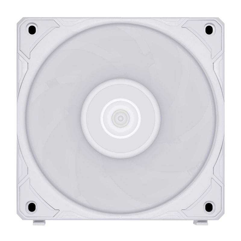 Biely štvorcový ventilátor so štyrmi montážnymi otvormi v rohoch. Ventilátor je umiestnený v strede a vyfukuje vzduch smerom von.