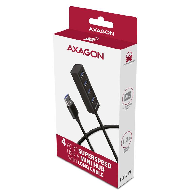 Balenie USB rozbočovača značky Axagon. Rozbočovač má štyri porty a dlhý kábel. Na obale je napísané '4-portový Mini USB-A Hub Superspeed'.