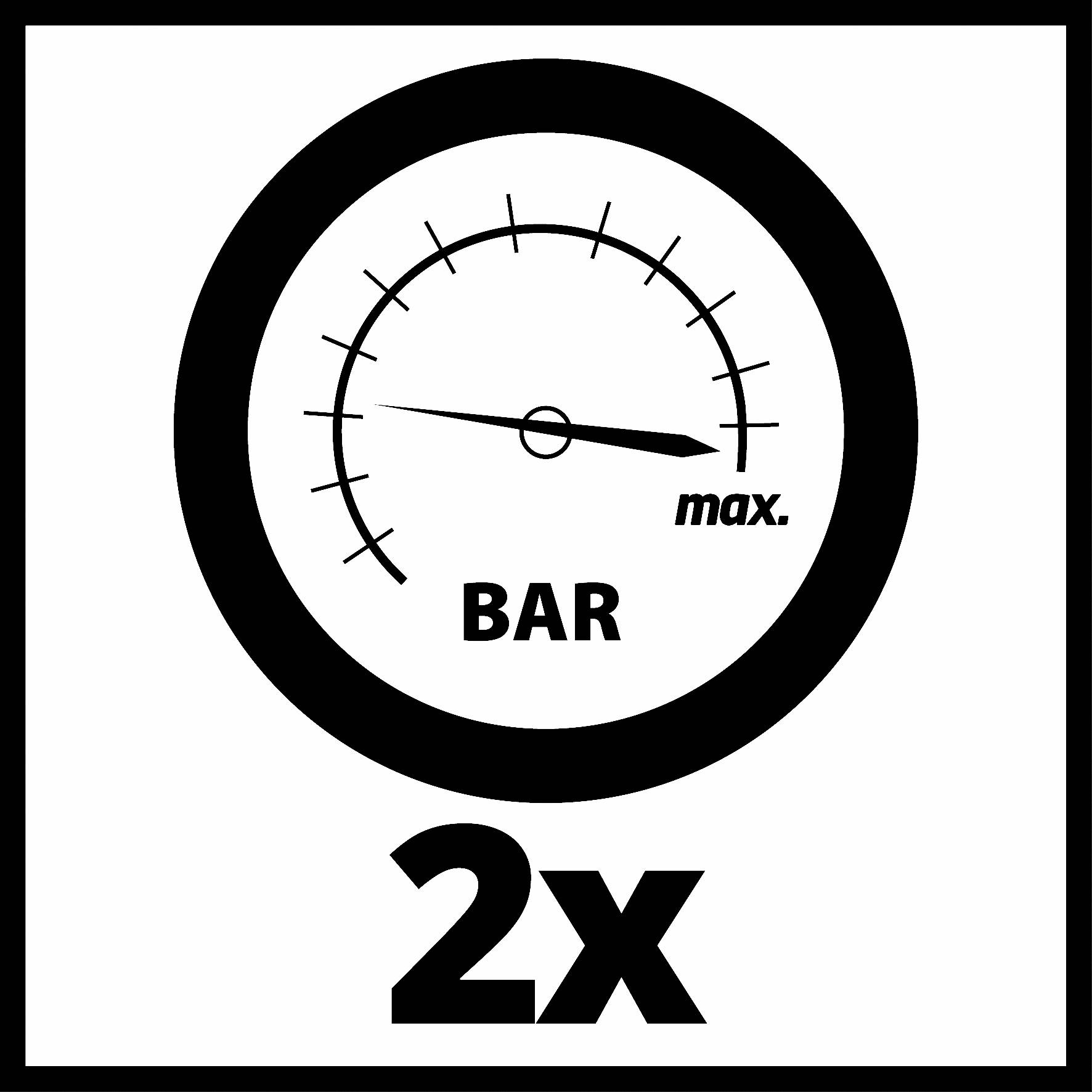 Ukazuje manometer, ktorý zobrazuje maximálny tlak ako '2x BAR max.'