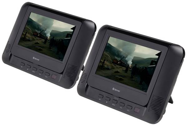 Denver MTW-793 Prenosný DVD prehrávač 17.78 cm 7 palca En.trieda 2021: D (A - G) napájanie z akumulátora, vr. 12V pripojovacieho kábla do auta, vr. druhej obrazovky čierna
