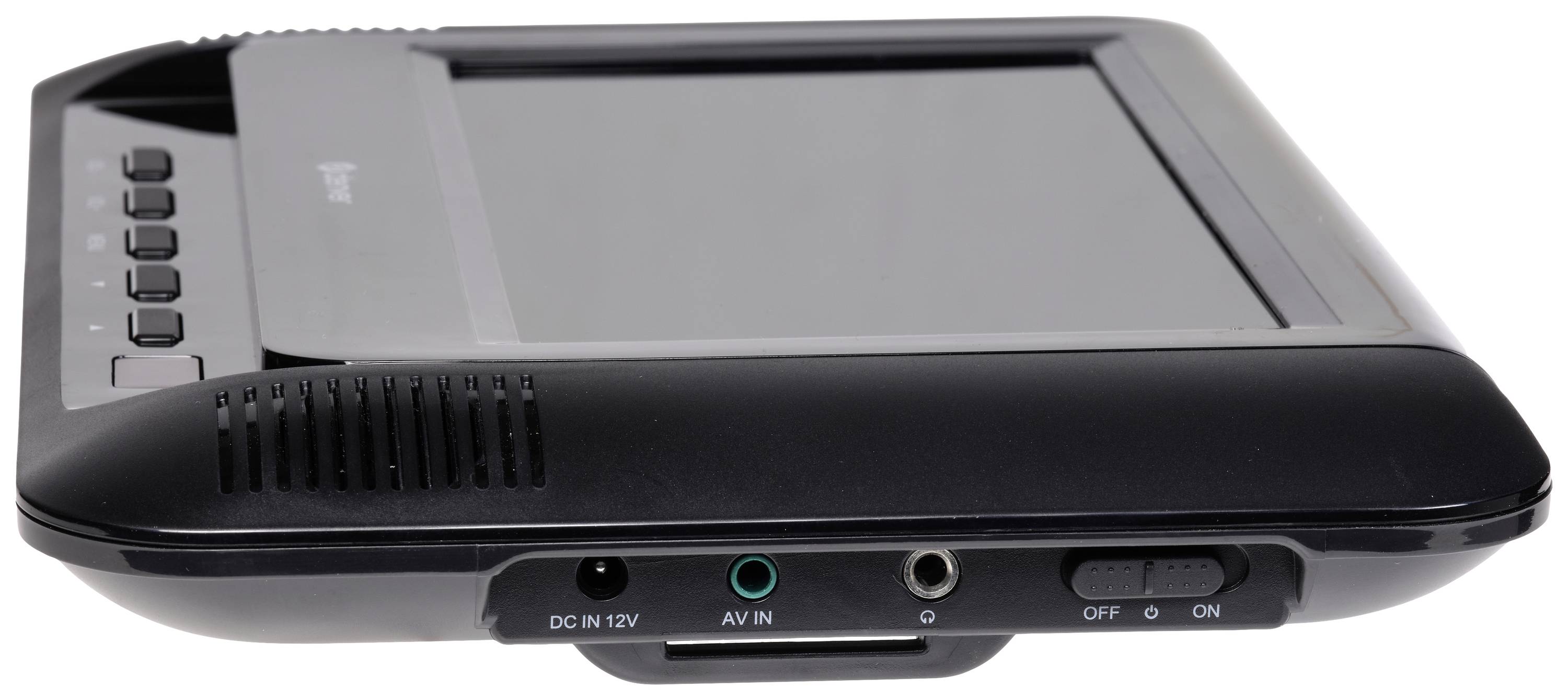 Prenosný DVD prehrávač v čiernej farbe, s ovládacími tlačidlami na ľavej strane a prípojnými zásuvkami na prednej strane.
