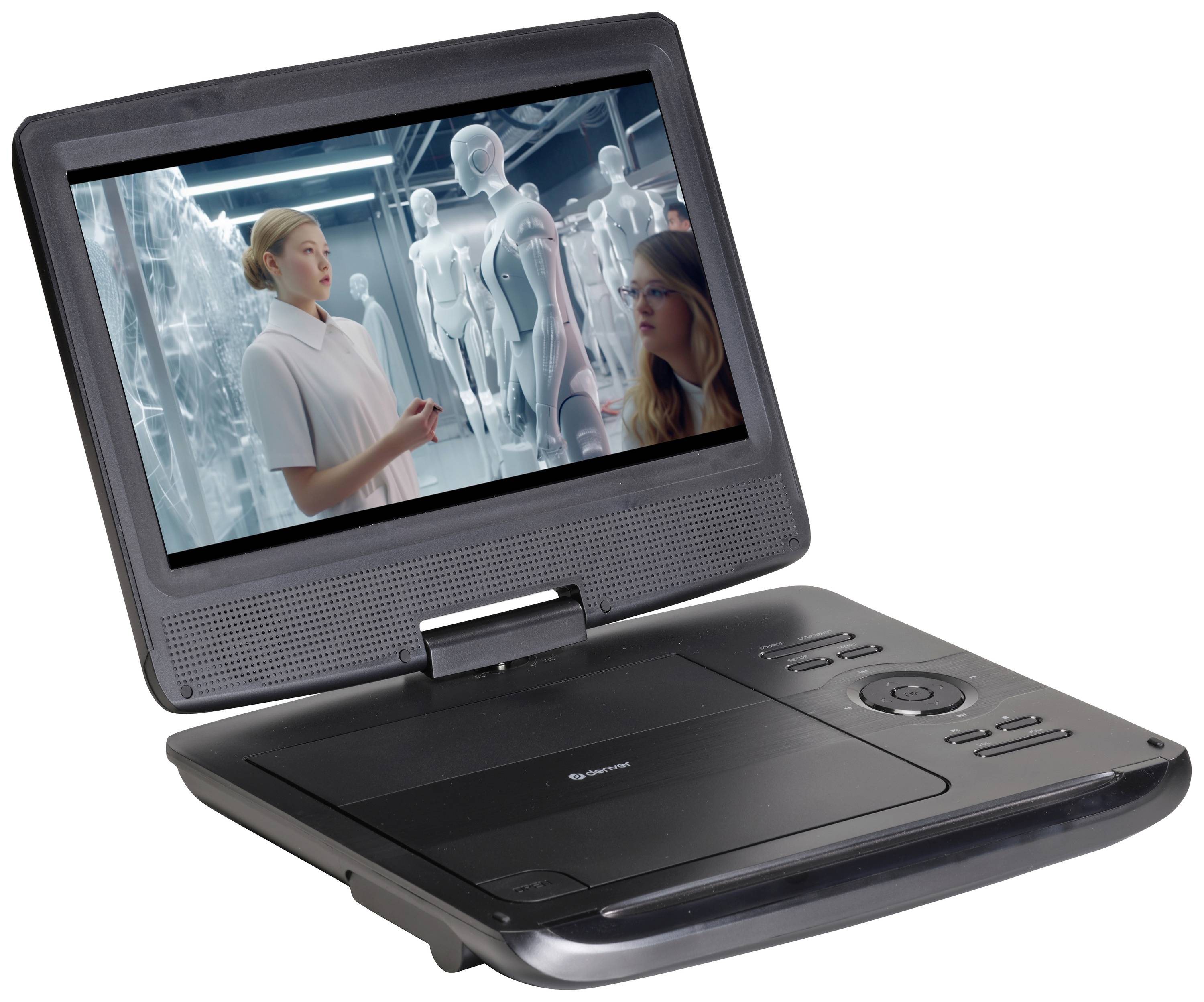 Prenosný DVD prehrávač s bežiacim filmom ukazuje dve ženy pred výkladnými figínami v modernom, futuristickom prostredí.