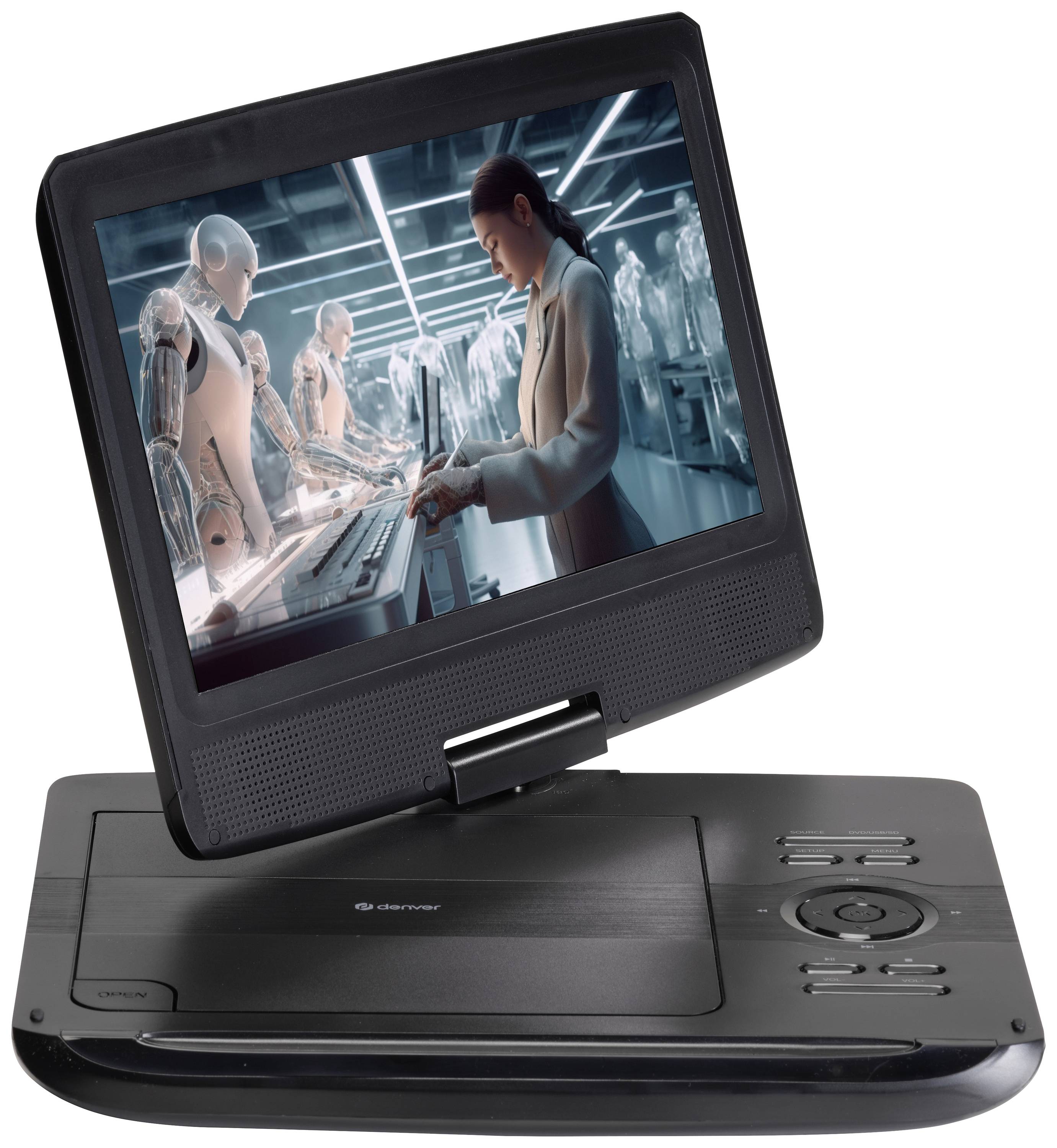 Žena komunikuje s ľudstvu podobnými robotmi vo futuristickom laboratóriu na prenosnom displeji DVD prehrávača.