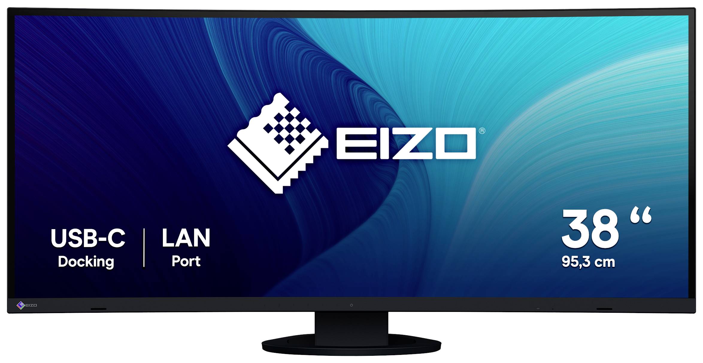 Zakrivený monitor so značkou Eizo s uhlopriečkou 38 palcov (95,3 cm), ktorý disponuje dokovacím rozhraním USB-C a LAN pripojením.