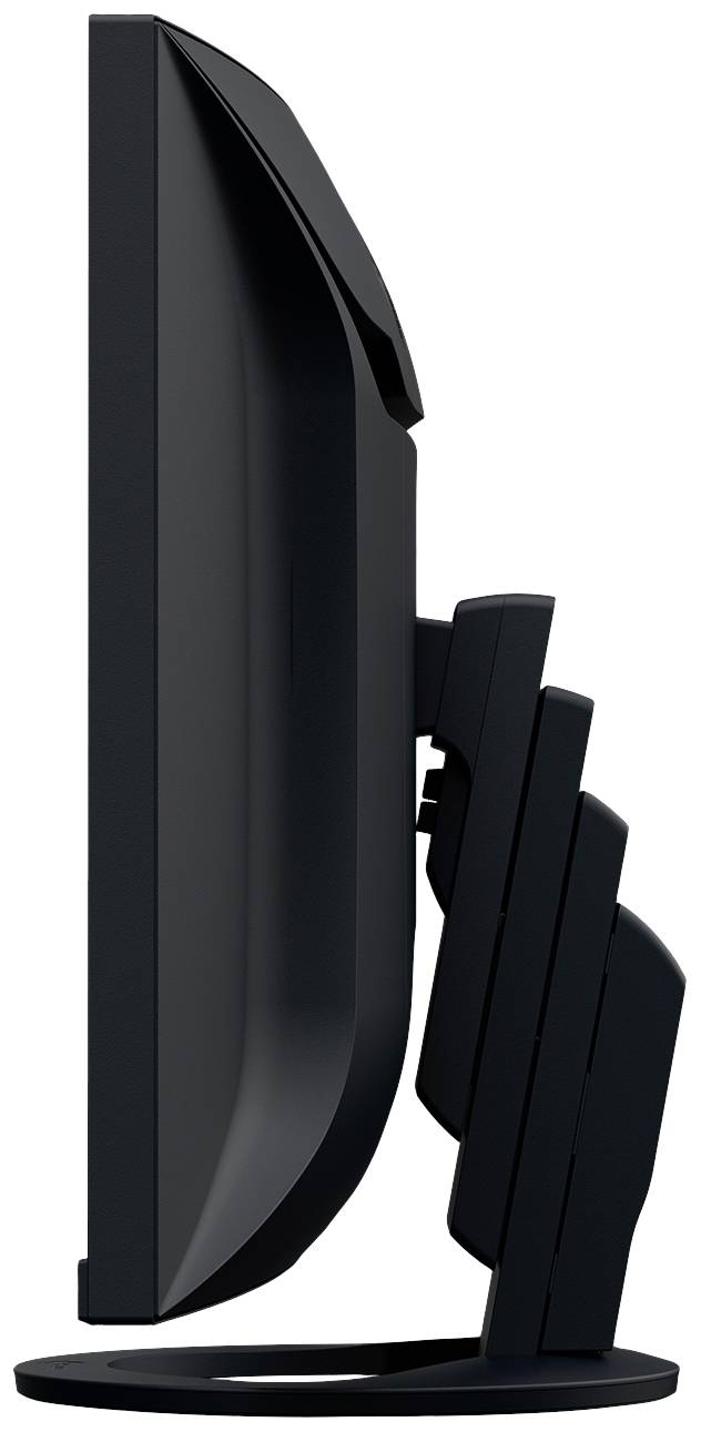 Bočný pohľad na čierny počítačový monitor s nastaviteľným stojanom, ktorý uľahčuje úpravu výšky obrazovky.