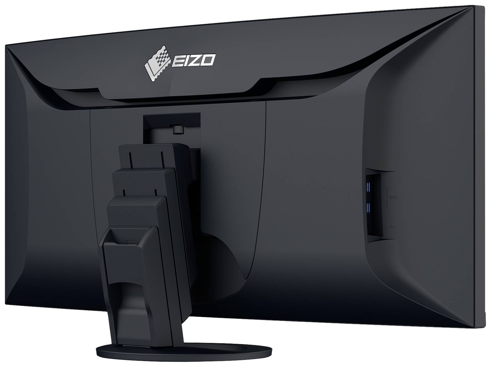 Čierny počítačový monitor z pohľadu zozadu s logom v ľavom hornom rohu; zobrazuje stojan a konektory na bočnej strane.