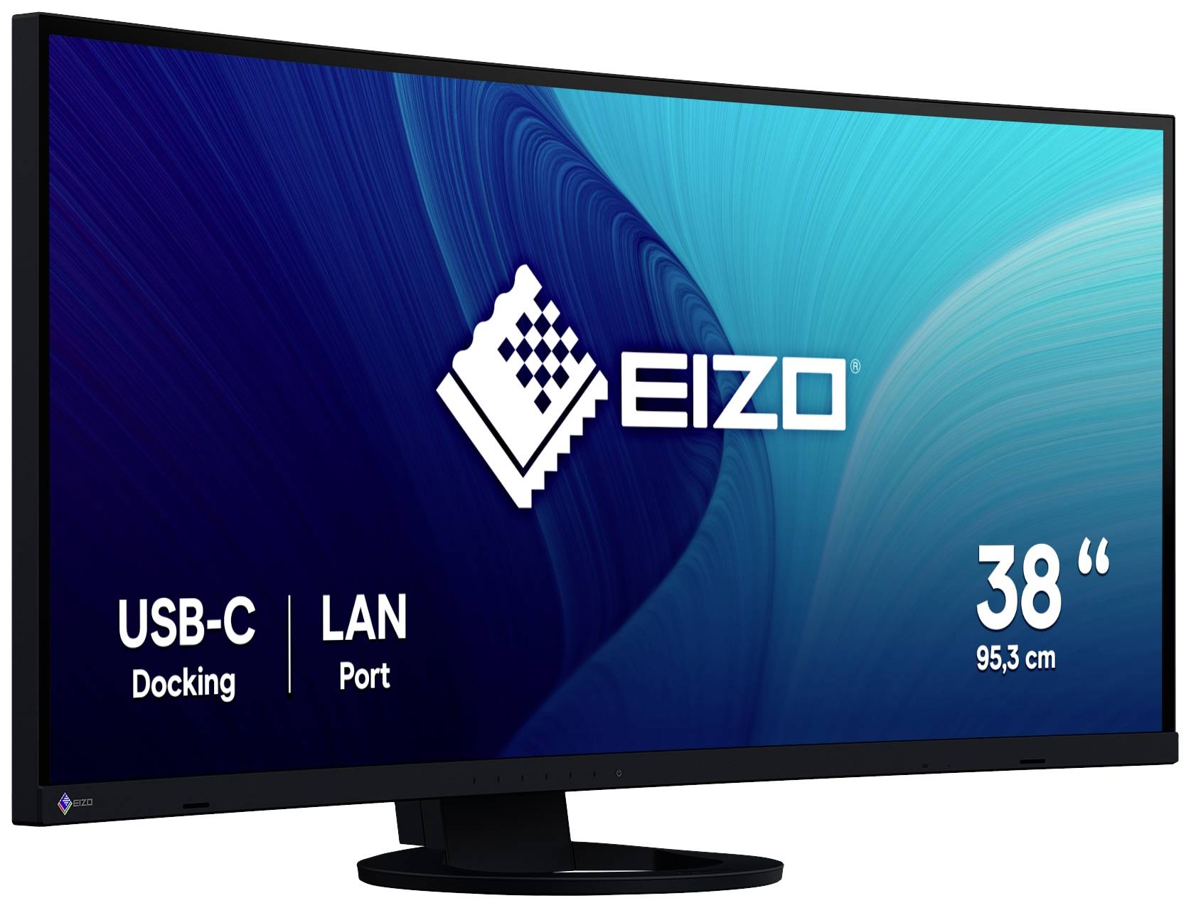 Široký počítačový monitor značky EIZO s 38-palcovým displejom a funkciami USB-C docking stanice a LAN portu.