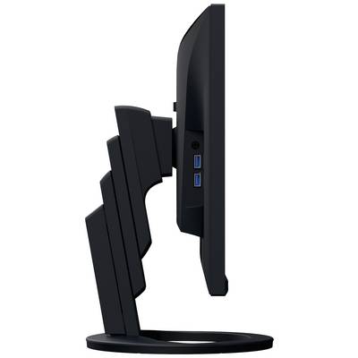 Plochý monitor zobrazený z boku s nastaviteľným stojanom a dvoma viditelnými USB portami na bočnej strane.