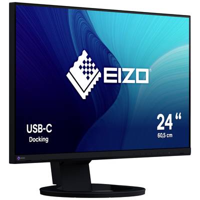 Počítačový monitor od spoločnosti Eizo s uhlopriečkou 24 palcov, zobrazuje logo a text 'USB-C Docking'. Pozadie v odtieňoch modrej a tyrkysovej.