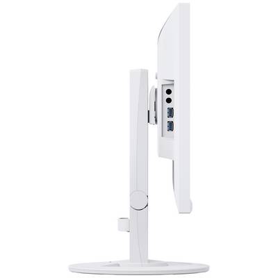 Pohľad z boku na biely počítačový monitor na okrúhlom stojane. Sú viditeľné dva USB porty a ďalšie konektory.