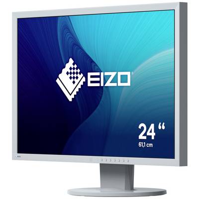 Počítačový monitor značky Eizo zobrazuje logo a veľkosť: '24 palcov, 61,1 cm'. Displej má modré grafické pozadie.