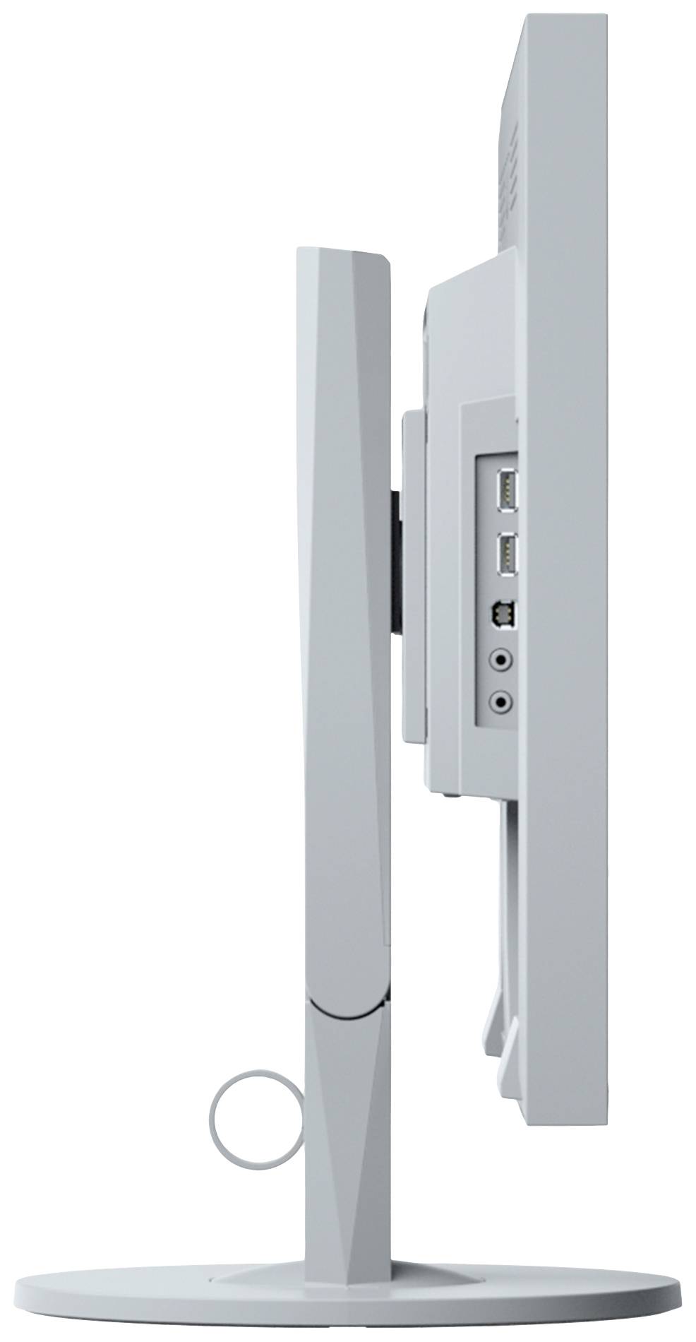 Pohľad zboku na počítačový monitor s viacerými prípojkami, vrátane USB a audio vstupov, umiestnený na okrúhlom podstavci.