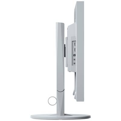 Pohľad zboku na počítačový monitor s viacerými prípojkami, vrátane USB a audio vstupov, umiestnený na okrúhlom podstavci.