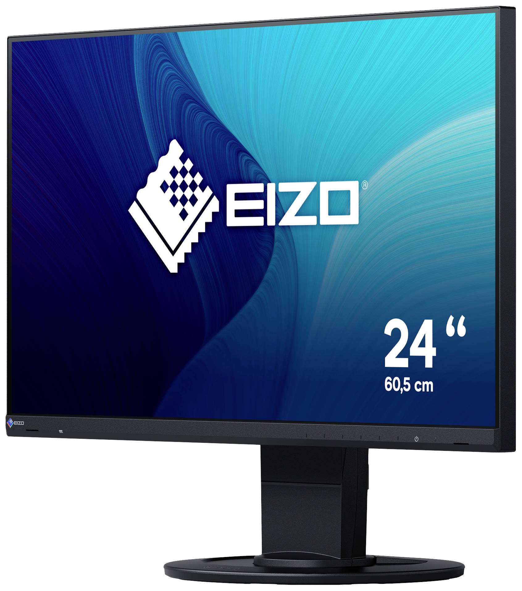 Počítačový monitor značky EIZO s veľkosťou 24 palcov (60,5 cm), s modrým vlnovitým pozadím a logom EIZO v strede.