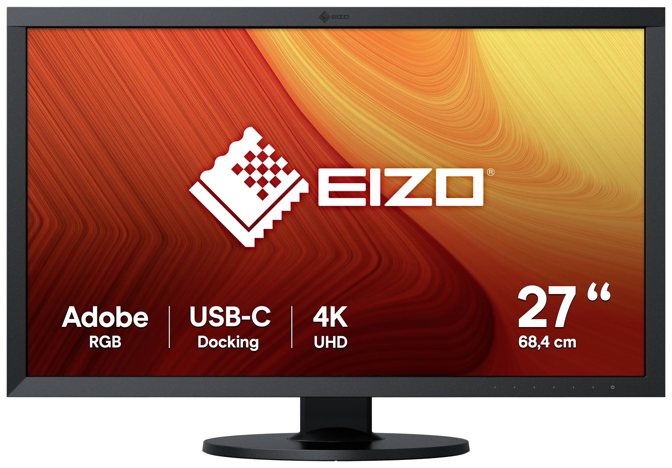 Monitor s červeno-oranžovým pozadím zobrazuje logo 'EIZO' uprostred. V ľavom dolnom rohu sú uvedené 'Adobe RGB', 'USB-C Docking', '4K UHD' a v pravom rohu '27" 68,4 cm'.