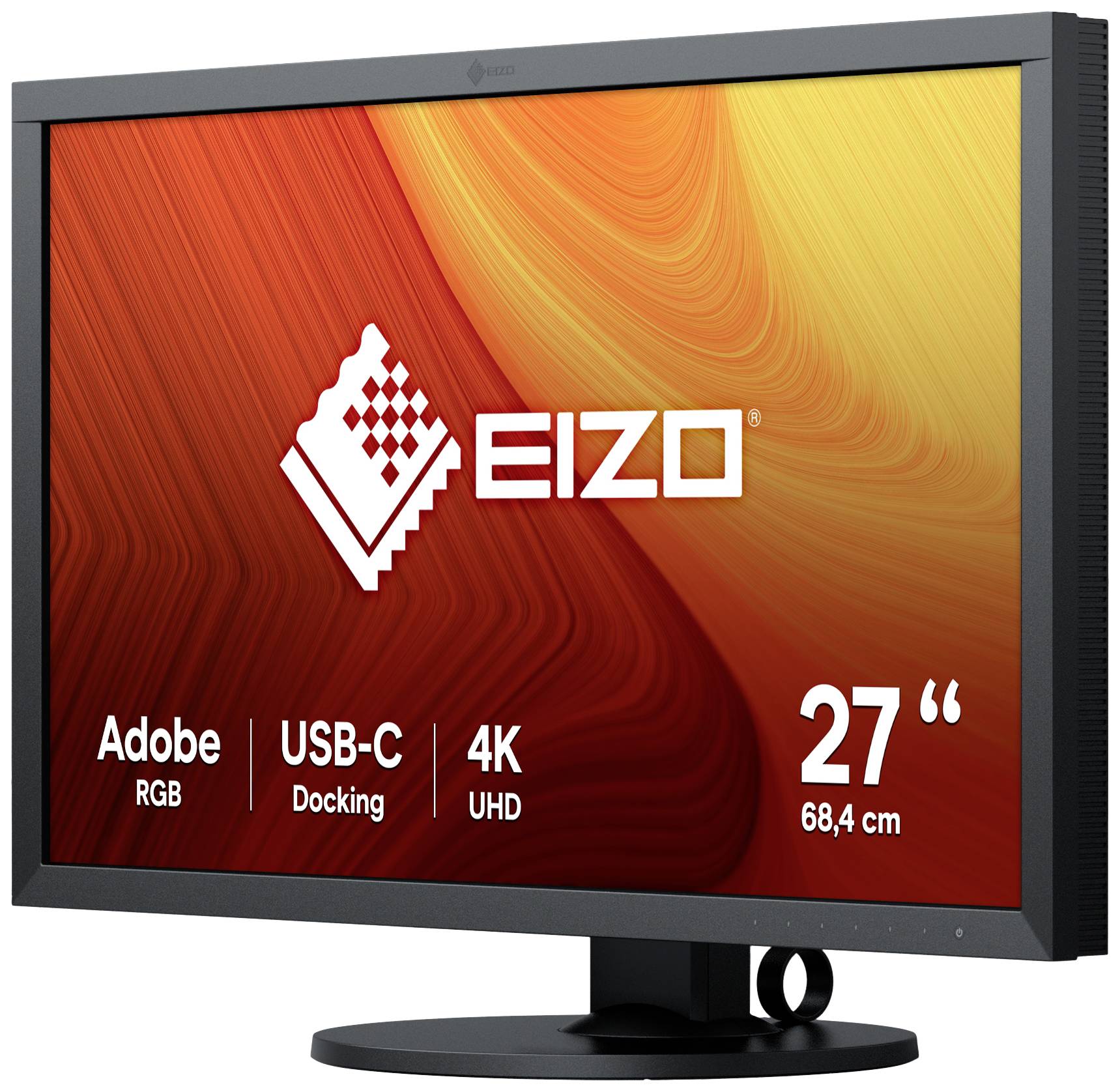 Čierny monitor zobrazuje logo EIZO na oranžovo-červenom pozadí. Dole sú uvedené 'Adobe RGB', 'USB-C Docking', '4K UHD' a '27 palcov'.