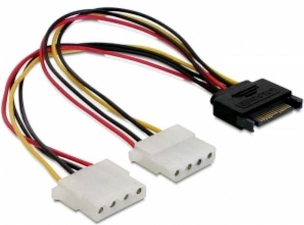 'SATA na duálny Molex napájací adaptér s čiernym SATA konektorom a dvoma bielymi Molex konektormi s červenými, čiernymi a žltými vodičmi.'