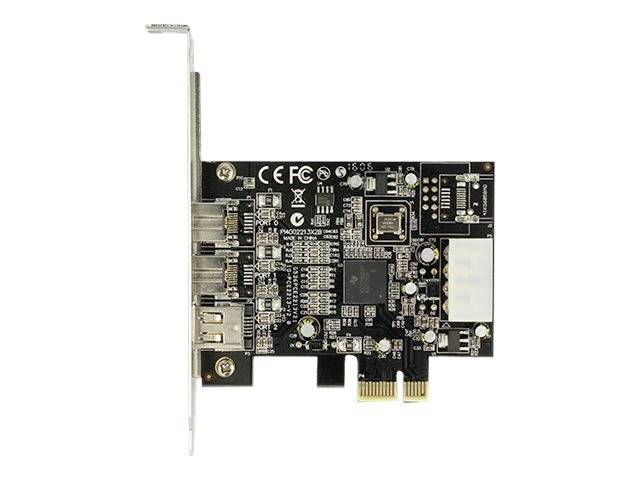 PCIe rozširovacia karta s dvoma USB portami a početným elektronickým komponentom na doske plošných spojov, pohľad z boku.
