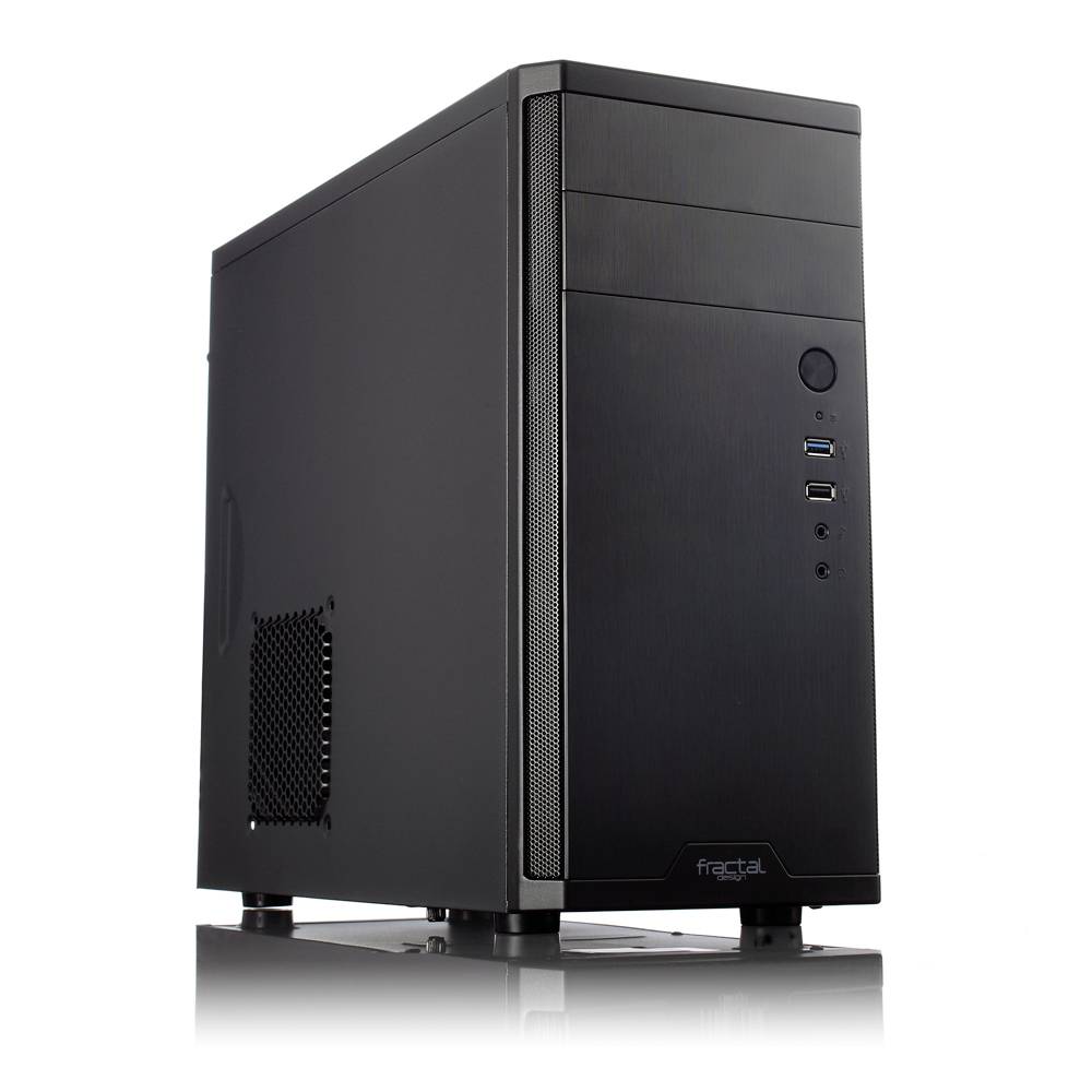 Čierna PC skrinka s bočnou vetrací mriežkou, dvoma USB portami a okrúhlym vypínačom na prednej strane.