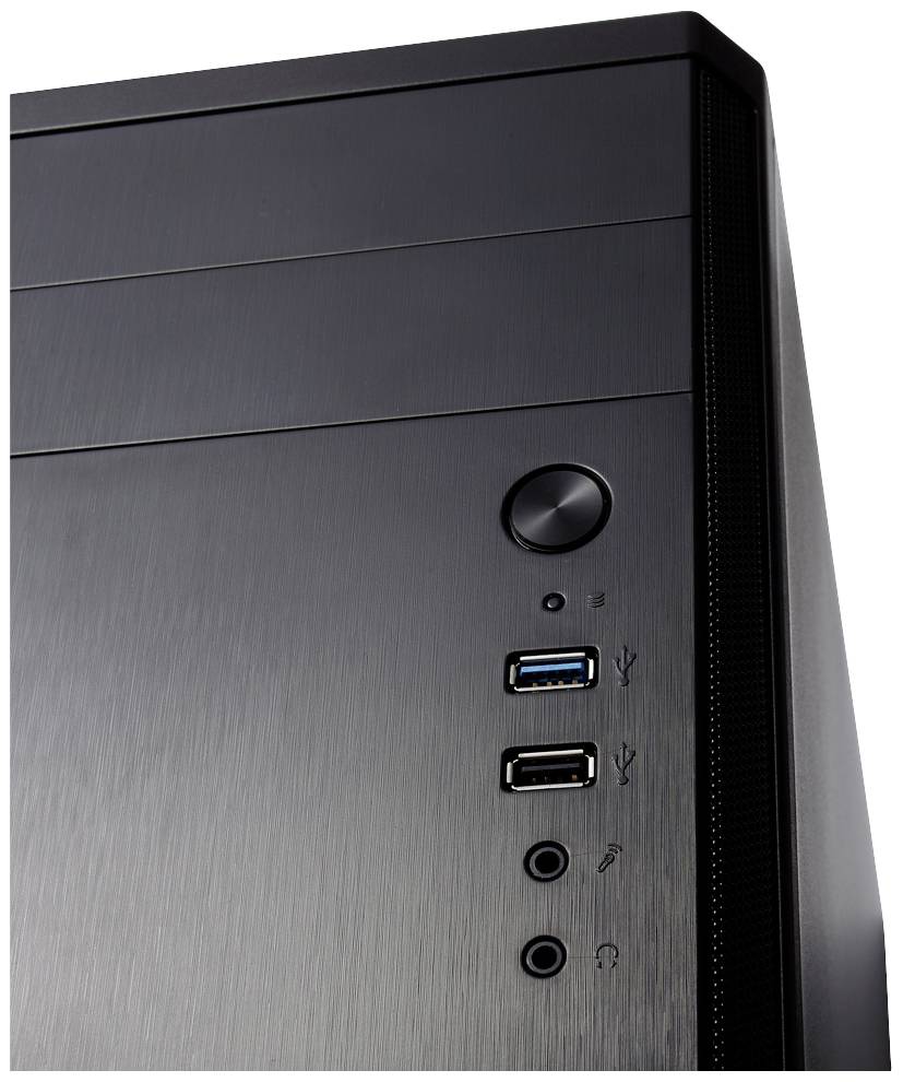 Čierna počítačová skrinka s dvoma USB portami, audio konektormi a okrúhlym tlačidlom napájania v hornej polovici prednej strany.