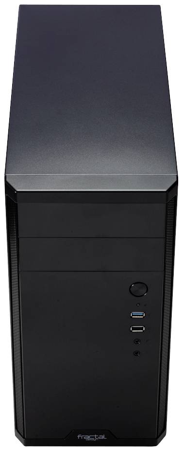 Čierna PC skrinka v tower dizajne, pohľad spredu s USB portami a štartovacím tlačidlom. Minimalistický, moderný dizajn.