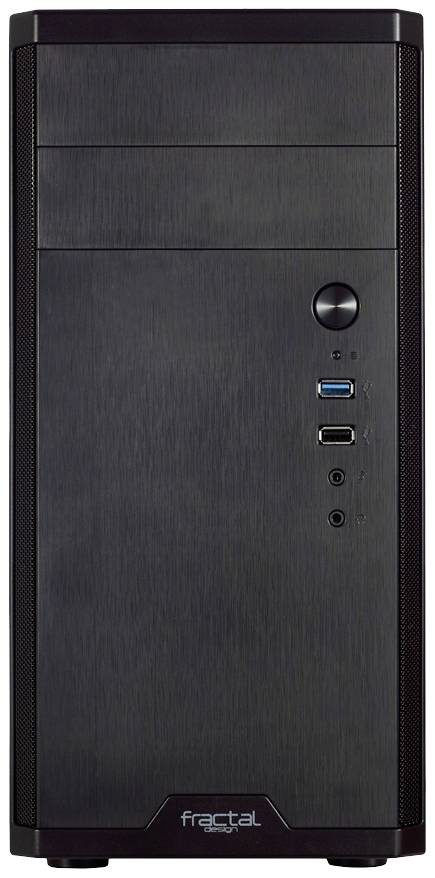 Čierna počítačová skrinka v minimalistickom dizajne s dvoma USB portami a vypínačom na prednej strane.