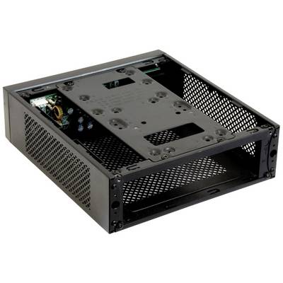 Kovový počítačový kryt s perforovanými stenami a otvoreným dizajnom, vhodný pre Mini-ITX základné dosky, bez prednej krycej plochy.