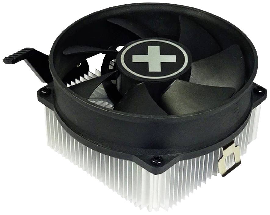Čierny chladič CPU s ventilátorom na hliníkovom chladiči. Slúži na odvádzanie tepla v počítačových skríňach.