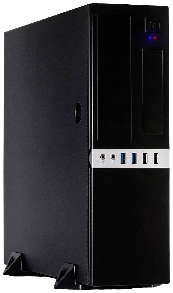 Čierna počítačová skrinka vo vertikálnej orientácii, predné USB porty a tlačidlo napájania; jednoduché dizajnové riešenie.