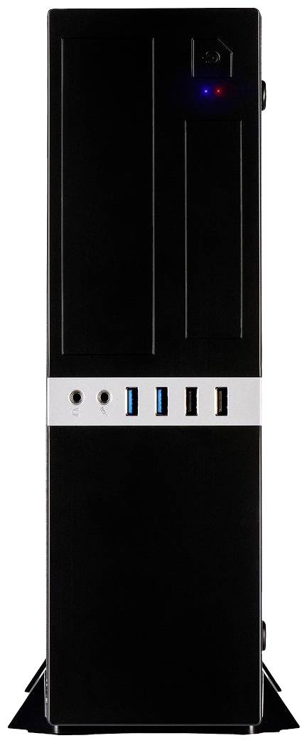 Čierna počítačová skrinka s viacerými USB portami a audio konektormi na prednej strane.
