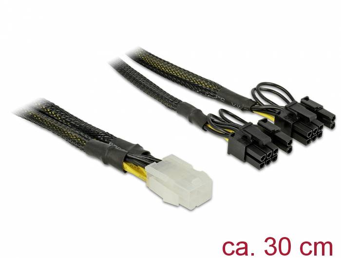 'Sieťový adaptérový kábel pre PC s bielym 4-pinovým konektorom a dvoma čiernymi 8-pinovými konektormi, dĺžka približne 30 cm.'