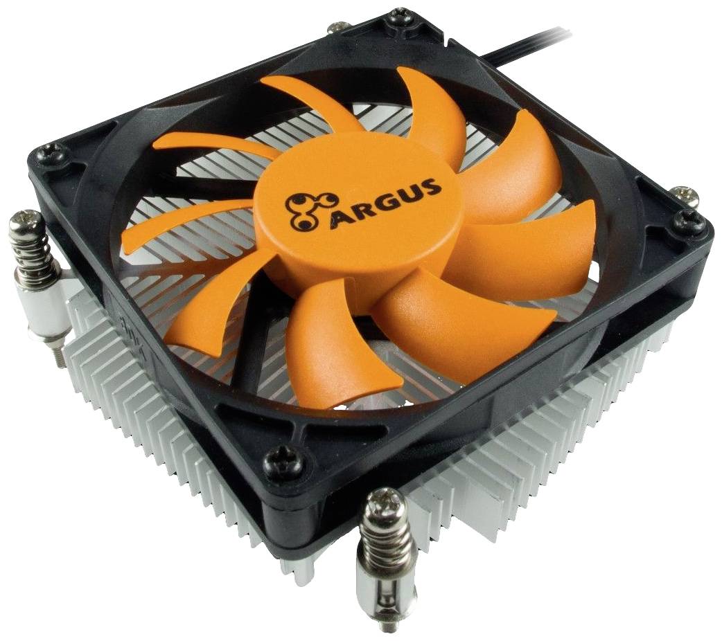 Počítačový ventilátor na chladiči, oranžové lopatky rotora, značka 'Argus'.