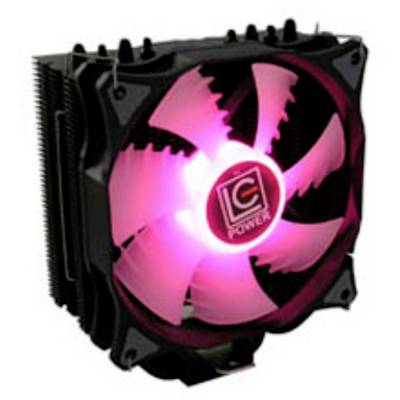 Chladič CPU s jasne svietiacim ružovo podsvietením ventilátorom. Logo v strede zobrazuje 'LC Power'.
