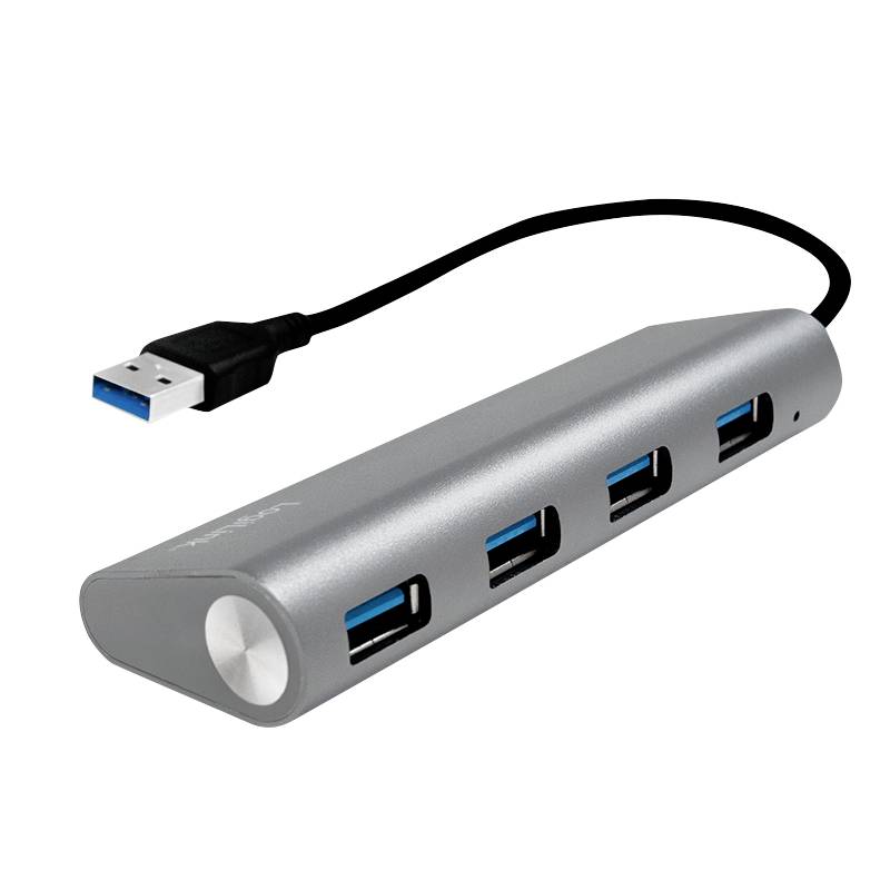 Strieborný USB hub so štyrmi USB portmi, vrátane jedného USB 3.0 portu. Kábel vedúci k hubu je vhodný na rozšírenie možností pripojenia.