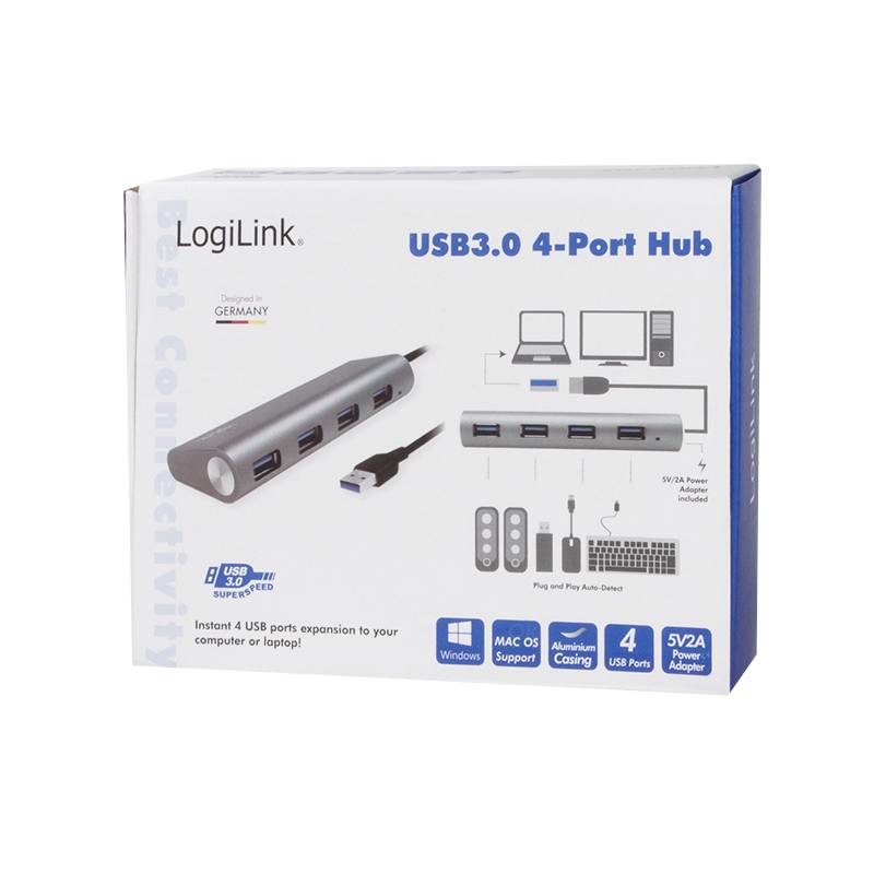 Obrázok zobrazuje obal rozbočovača LogiLink USB 3.0 so 4 portami. Tlačené údaje zvýrazňujú kompatibilitu s operačnými systémami Windows a MacOS, súčasťou balenia je 5V/2A adaptér.