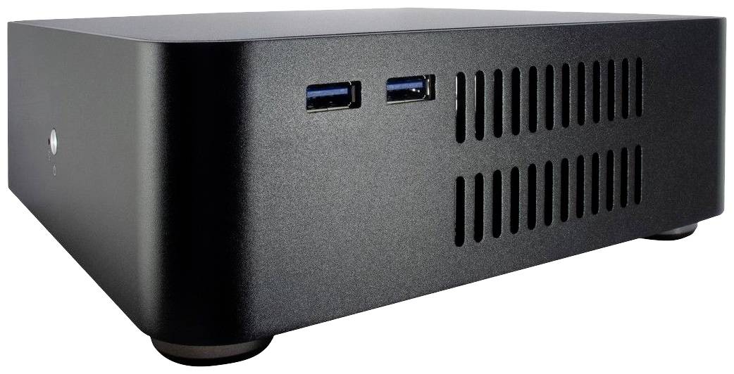 Kompaktný, čierny počítač na stole, s dvoma USB portami vpredu a vetrácimi otvormi po stranách.